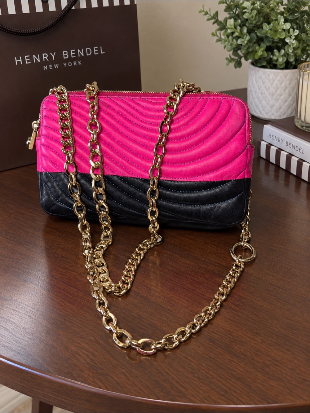Henry bendel, Quilted Pink and Black Chain Crossbody Bag